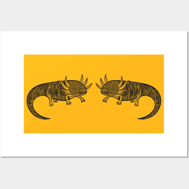 Axolotls in Love - cute amphibian design - light colors Wall Art by Green Paladin